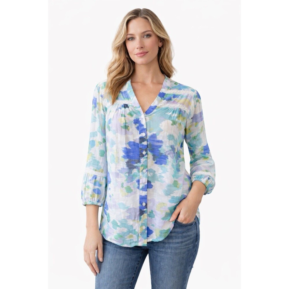 Hope & Harlow Women's Blouse‎ M Blue Green Abstract Floral Button Front Boho